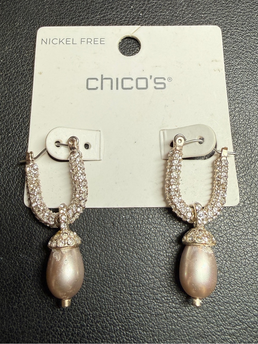 Chico’s Drop Pave Crystal Grey Pearl Earrings Silver 1 1/2" English Lock